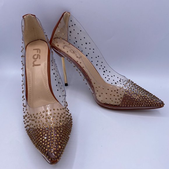 FSJ Brown Studded Pointed Toe Transparent Pumps - Picture 4 of 9
